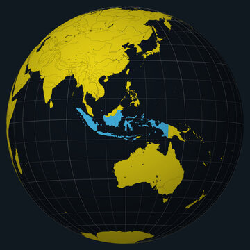 Indonesia on Globe. Country view on the world map in Charcoal Bright Yellow color palette. Indonesia shape on map. Globe with meridians, parallels, countries, rivers and lakes.