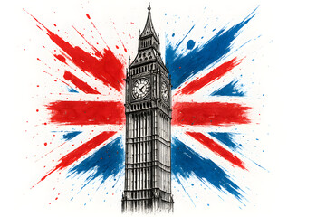 Illustration of Big Ben tower with bold Union Jack brush background, representing London and British culture.
