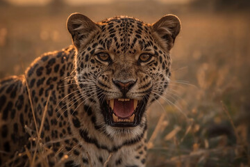 A majestic leopard growls, its face illuminated by warm, golden hour light. This stunning close-up captures the untamed beauty and power of this African predator in the savanna.