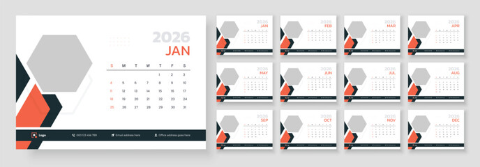 Desk Calendar Template 2026, New Year 2026 table calendar design, Minimalist desk calendar 2026 template. Week start on Sunday.