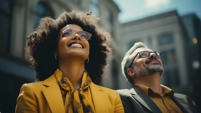 Two individuals smile and relax in an urban setting under bright sunshine, appreciating the lively atmosphere and joyful energy of the city around them