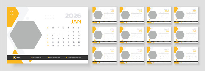 New year 2026 desk calendar template, Desk calendar design template 2026, Week start on Sunday.