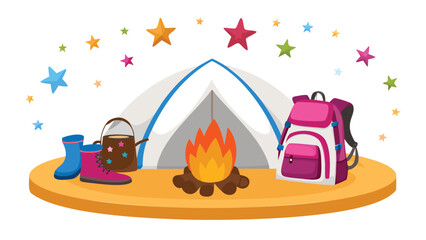 Illustration of a camping scene with a tent, campfire, backpack, and stars in the background