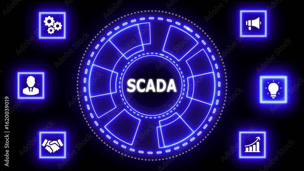 Poster system supervisory control and data acquisition technology concept. scada glowing neon line motion g