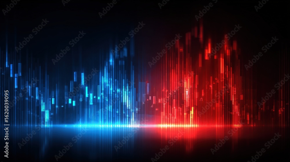 Poster dynamic financial visualization: blue and red data waves in a dark background