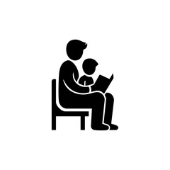 Vector icon of a father reading a book with his child on a bench, symbolizing quality time, education, and fatherly presence.

