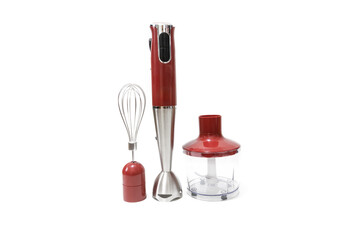 Electric hand mixer with a chopping bowl, whisk, and removable body. Modern kitchen utensils, isolated on a white background.