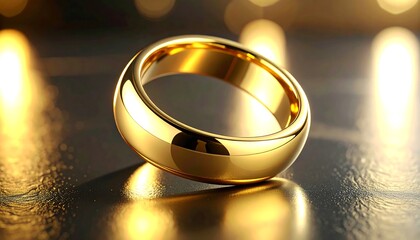 Golden wedding band, smooth and shiny, on dark surface