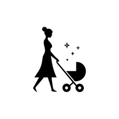 Fototapeta premium Minimal black vector of a mother walking with a baby stroller under sparkles, representing care, femininity, and nurturing motherhood. 