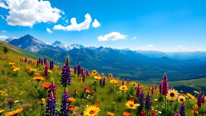 Colorful Wildflower Meadow in Mountain Landscape