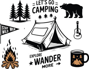 Vintage Camping and Outdoor Adventure Vector Collection: Hand-Drawn Icons and Badges with a Tent, Bear, Bonfire, and Pine Trees for T-Shirt Designs