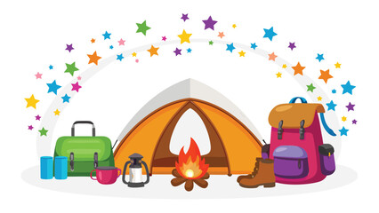 Illustration of a camping scene with a tent, campfire, backpack, and other camping equipment items