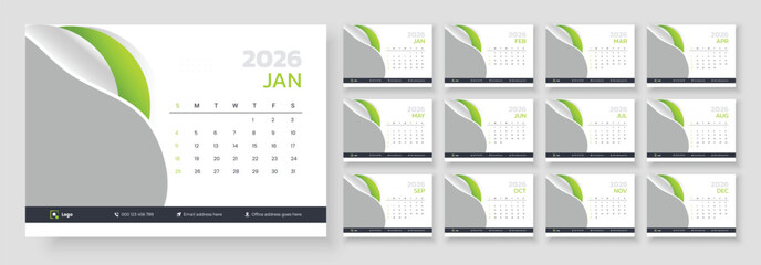 New year 2026 desk calendar template, Desk calendar design template 2026, Week start on Sunday.