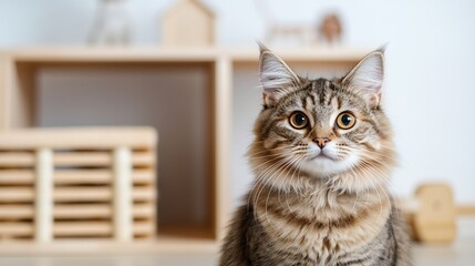 A fluffy cat sits in a cozy room, surrounded by wooden decor, gazing curiously at the viewer.