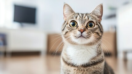 A curious cat with wide eyes sits indoors, showcasing its playful nature in a cozy living space.