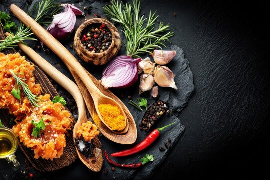 Culinary ingredients arranged on a dark surface.  Fresh herbs, spices, and vegetables are displayed with wooden spoons and a cutting board