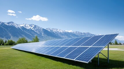 Solar panels installed on green grass field under clear blue sky with majestic mountains in the background, showcasing renewable energy technology