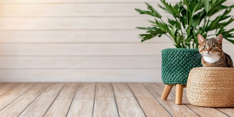 A cozy interior scene featuring a cat nestled beside decorative pots and a green plant on a wooden floor.