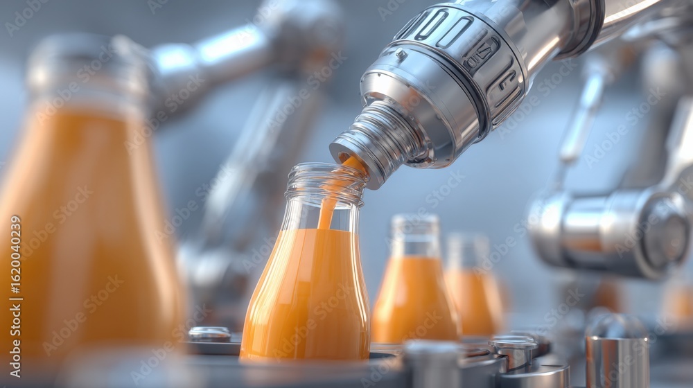 Poster automated orange juice filling process in a modern factory setting