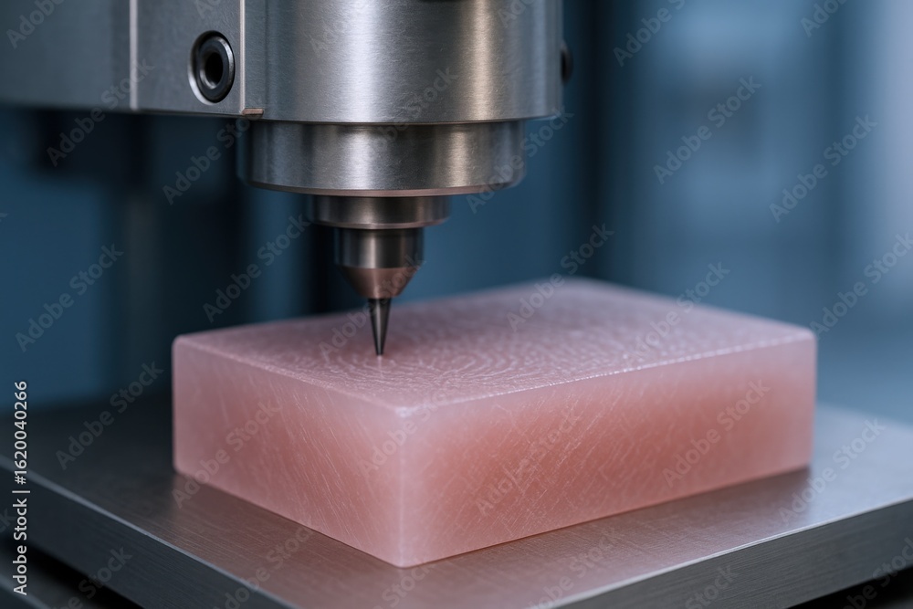 Poster precision machining of pink material: close-up of cnc tooling process
