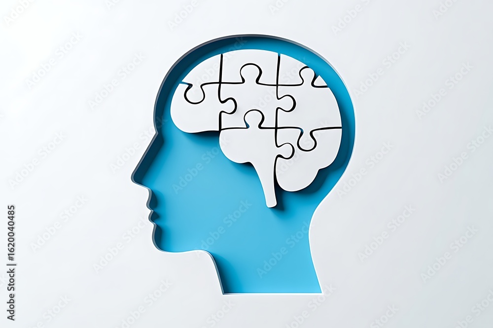 Poster conceptualizing the human mind as a complex puzzle representing thought processes and cognitive conn