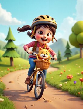 Happy cartoon girl cheerfully riding bicycle with small dog companion in bright outdoor setting