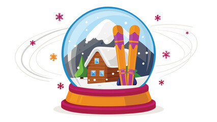 Snow globe with winter scene showing cabin mountain and skis with falling snowflakes around it