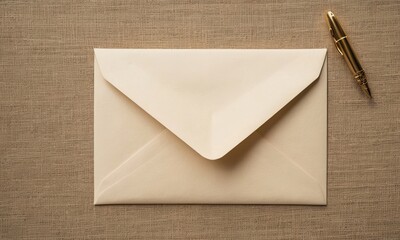 Elegant stationery composition featuring a cream envelope and gold pen