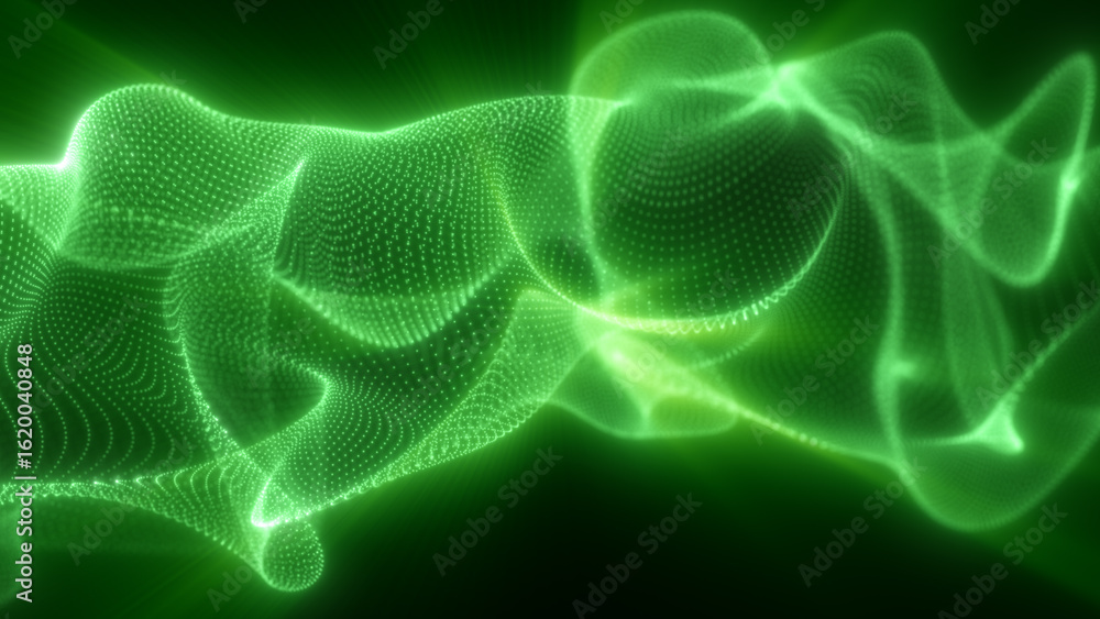 Poster vivid green digital waves composed of glowing particles twist and flow through a dark background in 
