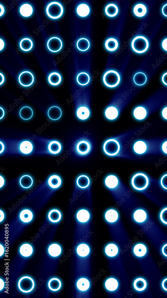 Poster futuristic glowing rings forming a grid of circular light patterns with radial beams on a dark backg
