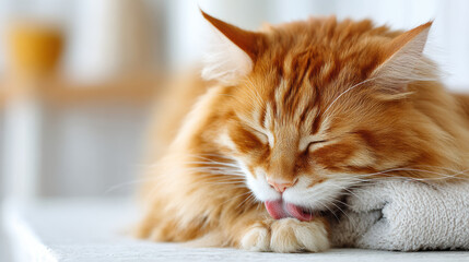 Beautiful domestic orange striped cat laying down and cleaning