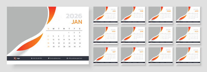New year 2026 desk calendar template, Desk calendar design template 2026, Week start on Sunday.