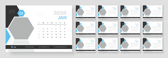 Desk calendar design template 2026. Minimalist desk calendar 2026 template. Template for annual calendar 2026. Week start on Sunday.