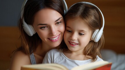 female investor builds wealth through smart financial strategies. A woman and a girl enjoy a story together, both wearing headphones