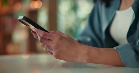 Woman, hands and typing with phone for research, social media or online connection in home. Closeup, female person or user with mobile smartphone for network, chatting or texting on table in house - Powered by Adobe