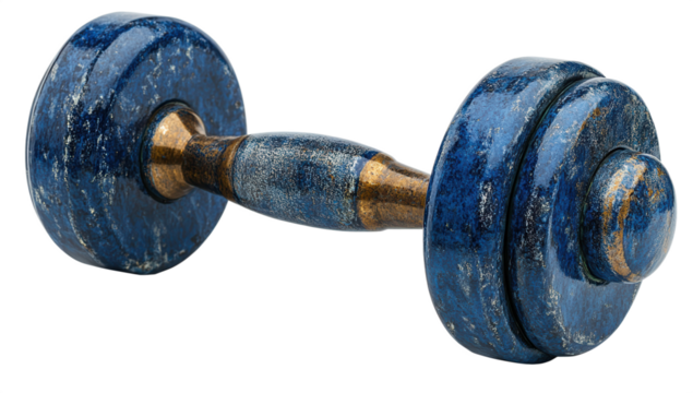 Blue dumbbell with weathered textured finish showcasing a realistic fitness icon perfect for exercise and workout concepts, PNG, isolated on transparent background.