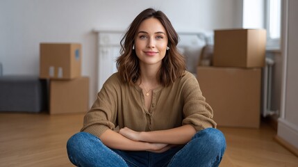 female investor builds wealth through smart financial strategies. A young woman with a warm smile sits cross-legged on the floor in a cozy, empty room surrounded by moving boxes.