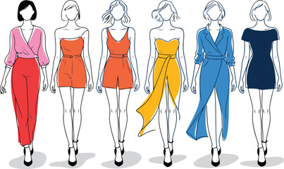 Diverse Women's Fashion Outfits Collection: Stylish Line Art Illustrations of Modern Clothing and Silhouettes for Apparel Design, Blogs, and Trend Forecasts