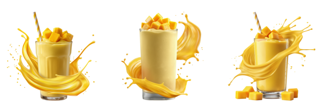 A mango smoothie in a clear glass, topped with fresh mango cubes and a striped straw, surrounded by a dynamic yellow splash