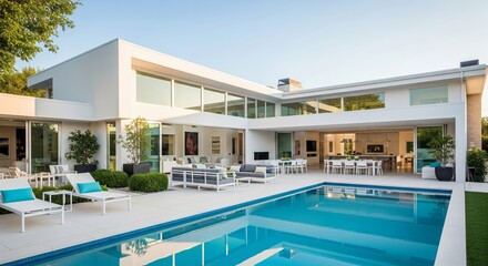Fototapeta premium Modern luxury mansion with pool and outdoor seating area
