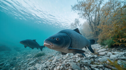 Common carp swimming underwater near rocky lake shore with autumn