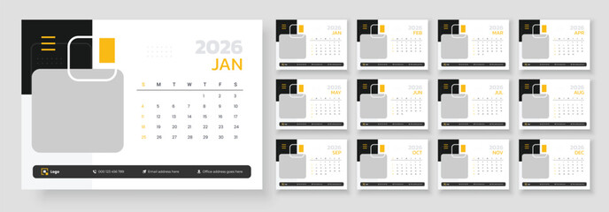 Desk calendar template 2026, New year 2026 desk calendar, The week starts on Sunday, Set of 12 calendar pages
