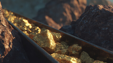 Fototapeta premium Gold ore chunks on conveyor belt in mining site