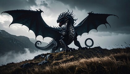 Dark dragon soaring over misty mountains