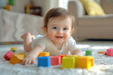 Smiling Toddler Engaged in Play with Blocks in Sunlit Room