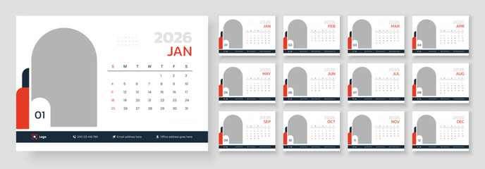 Modern new year 2026 desk calendar template, Desk calendar design template 2026