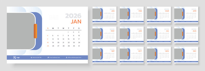 Desk calendar template 2026, New year 2026 desk calendar, The week starts on Sunday, Set of 12 calendar pages
