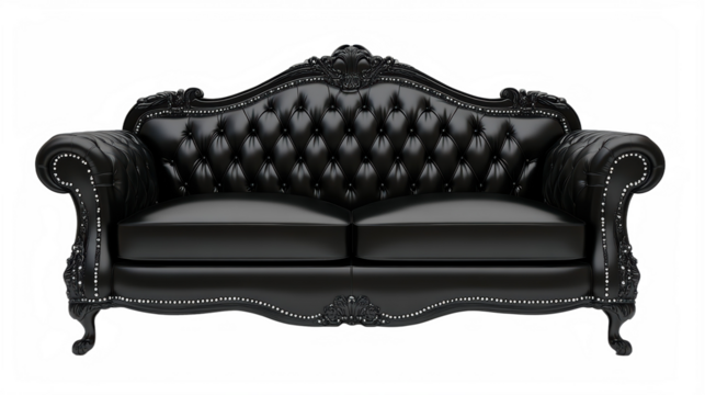 Classic black leather Chesterfield sofa with elegant button tufting and timeless design, PNG, isolated on transparent background.
