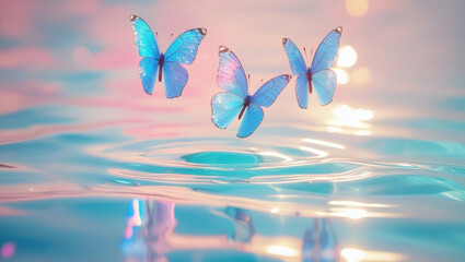 Three blue butterflies hover over rippling turquoise water in soft sunlight