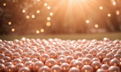 A Gleaming Expanse, Rose Gold Spheres Bathed in Golden Light Bokeh